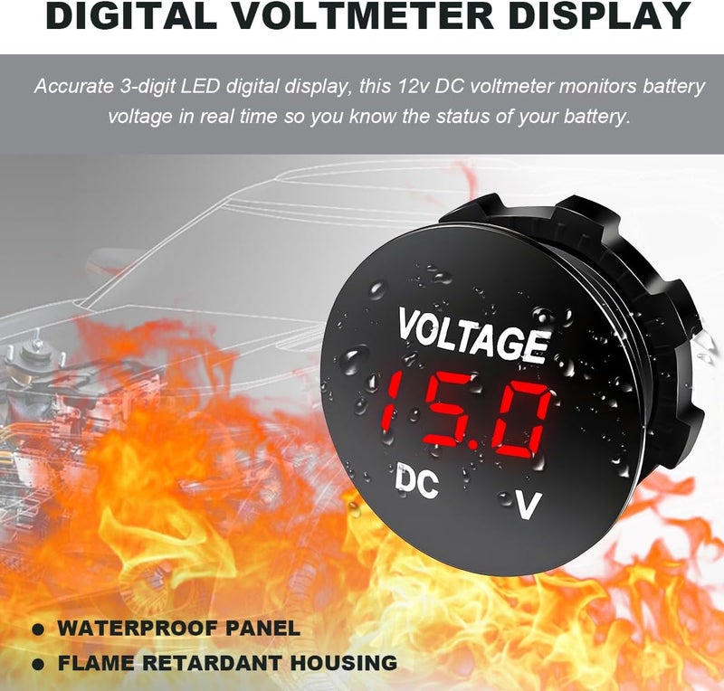 FSTURIOS DC 12V 24 V Voltmeter Gauge, Car LED Digital Display Round Panel Voltage Gauge Meter, Waterproof Mini Volt Tester Battery Monitor Indicator for Car Truck Marine Boat (Red) - Image 5